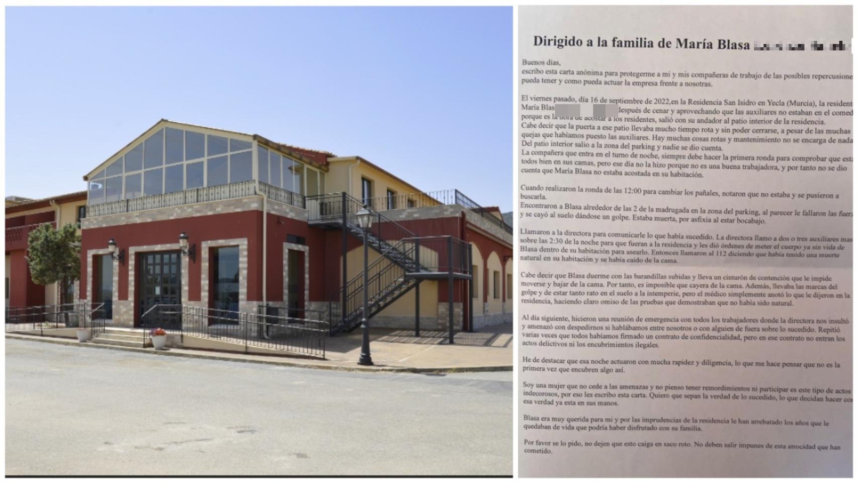 La carta de la empleada que denuncia que la Residencia San Isidro de Yecla ha ocultado la muerte de una usuaria por una supuesta caída, a raíz de la presunta negligencia del personal de las instalaciones.