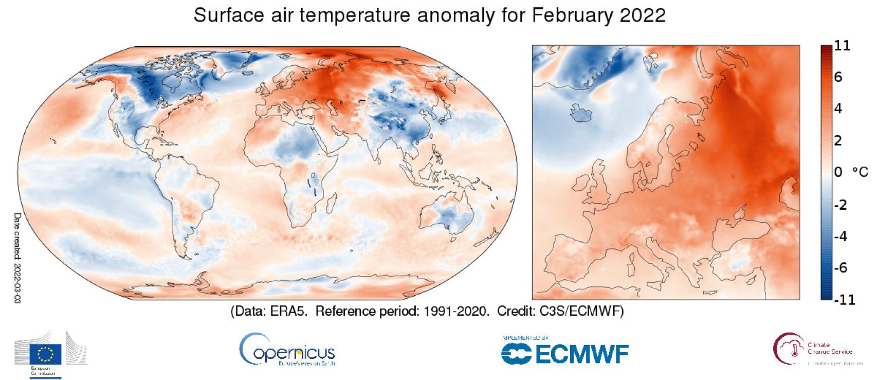 El mapa de las anomalías de temperaturas en Europa en febrero de 2022.