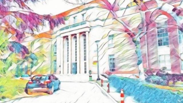 Dibujo de la entrada del Instituto de Química Física Rocasolano (CSIC), ‘edificio rockefeller’. Dibujo: Rebeca de Nalda