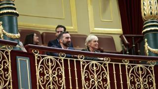 De izquierda a derecha: Francisco Polo, Alto Comisionado para España Nación Emprendedora, y Carme Artigas, secretaria de Estado de Digitalización e Inteligencia Artificial, durante el debate en el Congreso de los Diputados de la Ley de Startups este jueves.