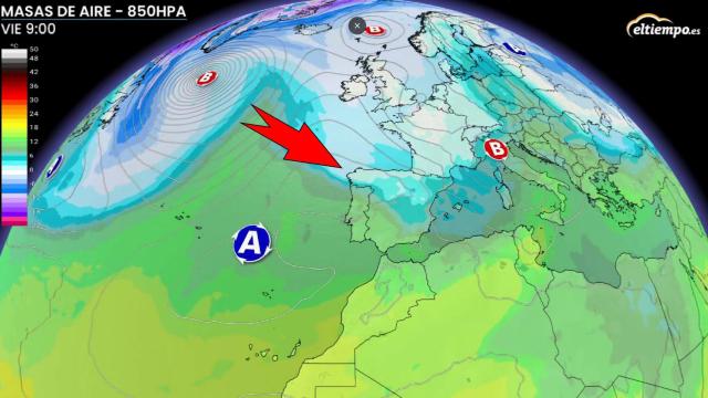 La masa de aire frío entrando en la Península. ElTiempo.es.
