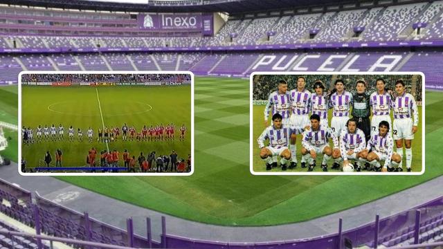 El José Zorrilla de fondo; en el recuadro de la izquierda la emisión de TVE del encuentro; y en el recuadro de la derecha la plantilla que clasificó al equipo a UEFA la temporada anterior.