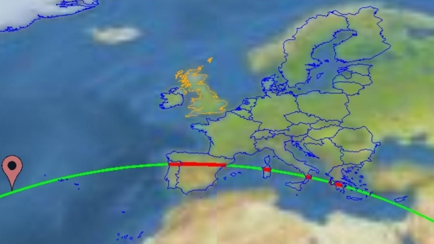 Imagen de la trayectoria del cohete chino fuera de control.