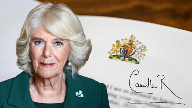 Camilla Parker Bowles y su firma en un montaje de JALEOS.