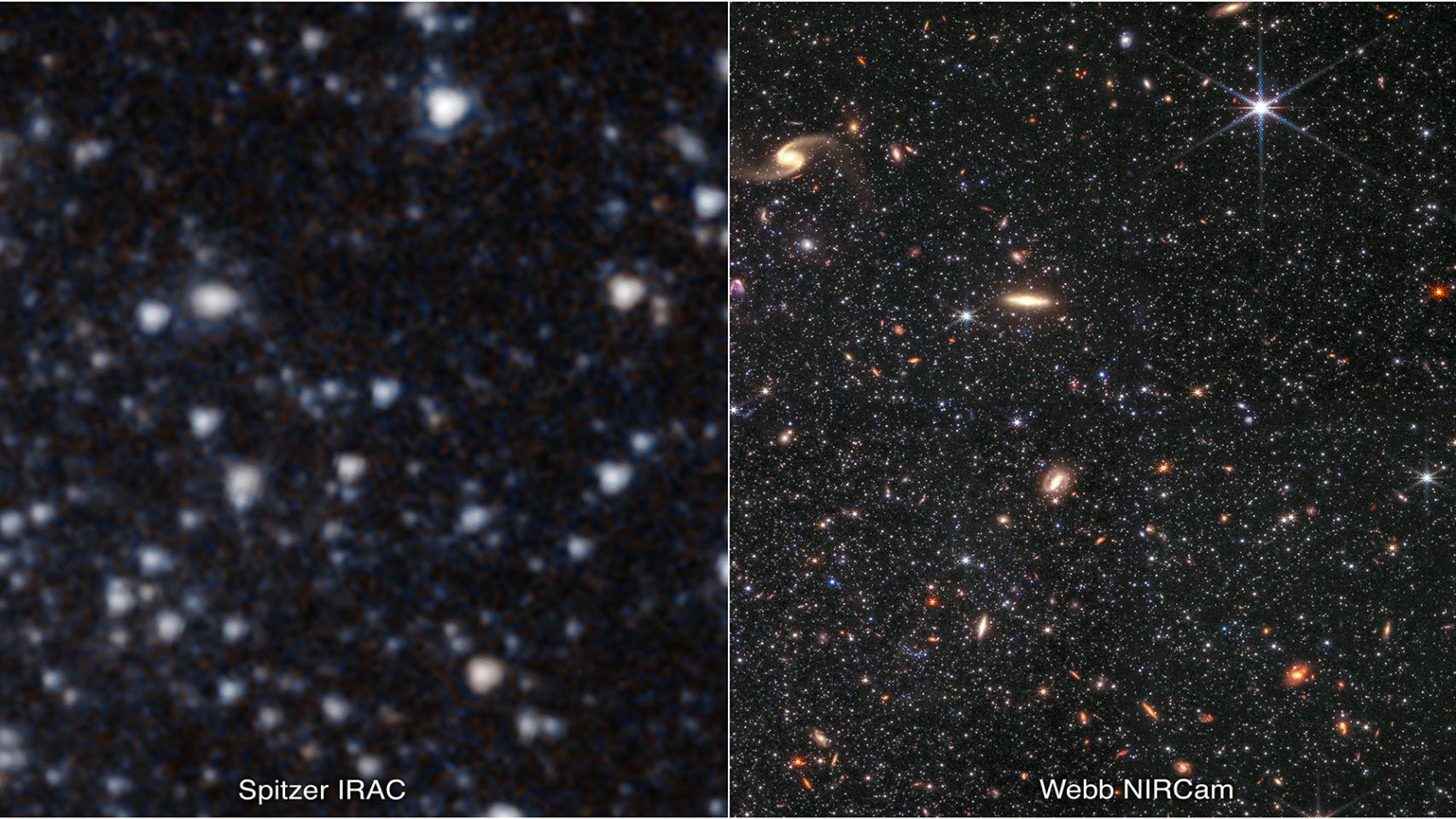 Comparativa de Spitzer y Webb retratando la galaxia enana WLM