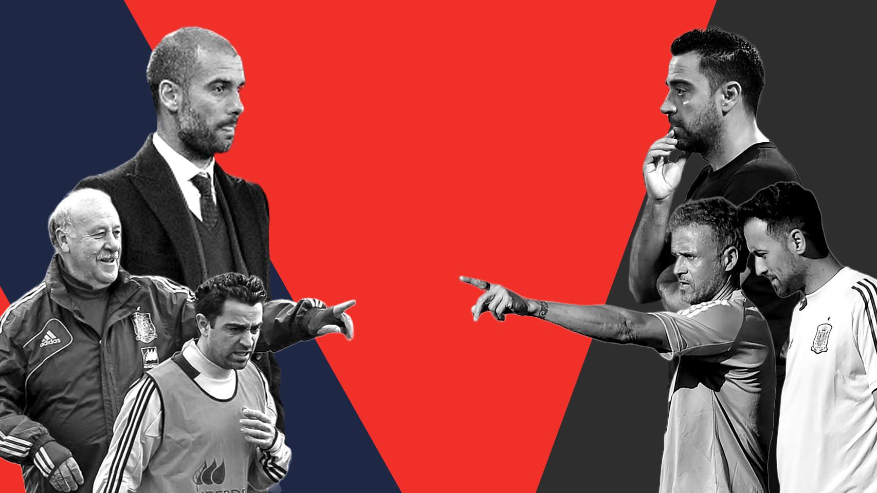 Guardiola y Del Bosque en 2010 y Xavi y Luis Enrique en 2022