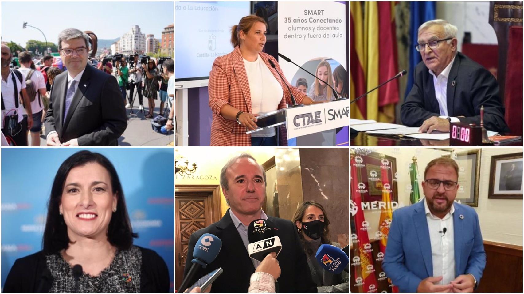 Arriba, de izquierda a derecha: el alcalde de Bibao, Juan Mari Aburto, la alcaldesa de Talavera, Tita García, y el alcalde de Valencia, Joan Ribó. Abajo, de izquierda a derecha: la alcaldesa de Santander, Gema Igual, el alcalde de Zaragoza, Jorge Azcón, y el alcalde de Mérida, Antonio Rodríguez Osuna.