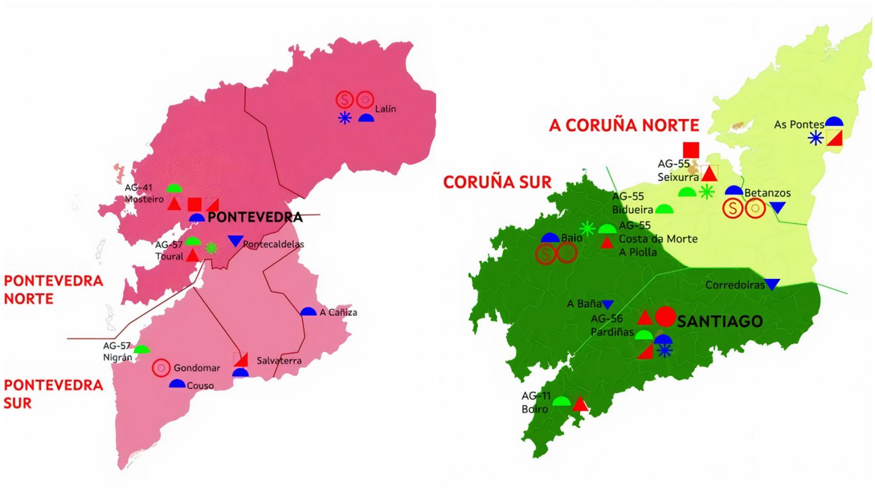 Planos con la situación de los medios disponibles en Pontevedra y A Coruña.