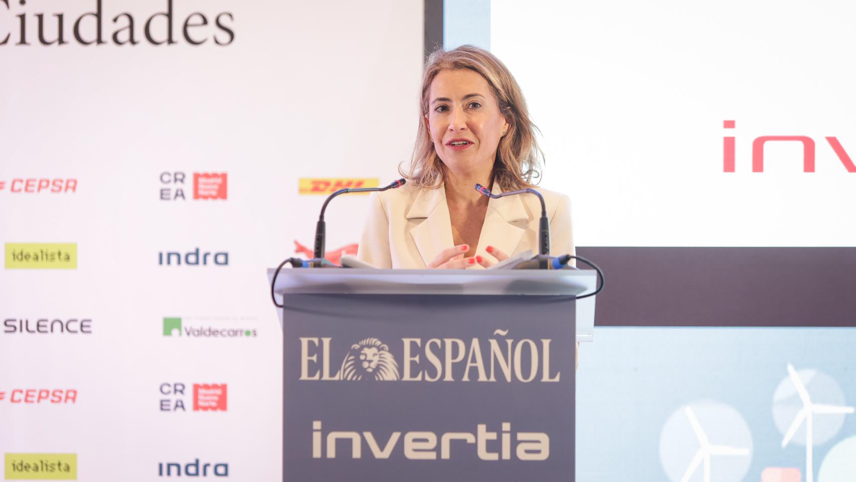 Raquel Sánchez Jiménez, ministra de Transportes, Movilidad y Agenda Urbana, durante su intervención en la apertura del III Simposio del Observatorio de la Movilidad y las Ciudades.