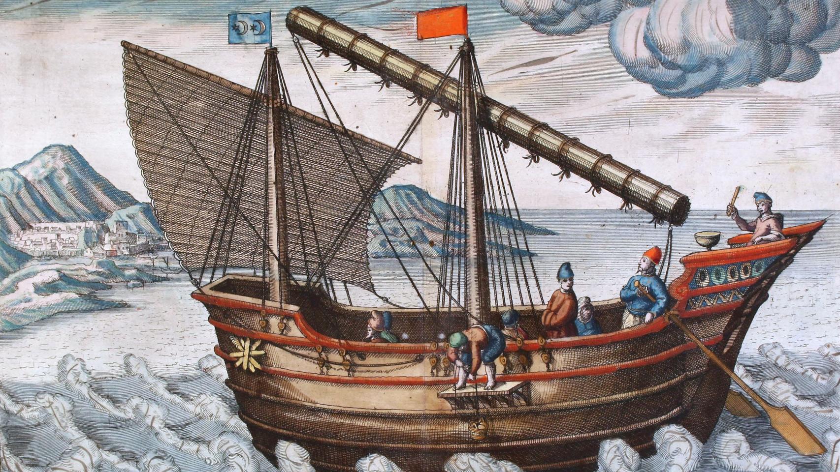 Un 'jong' (velero antiguo) que solía surcar las Indias Orientales y el mar de China en el silgo XVI. Grabado de Johanes Van Doetecum.