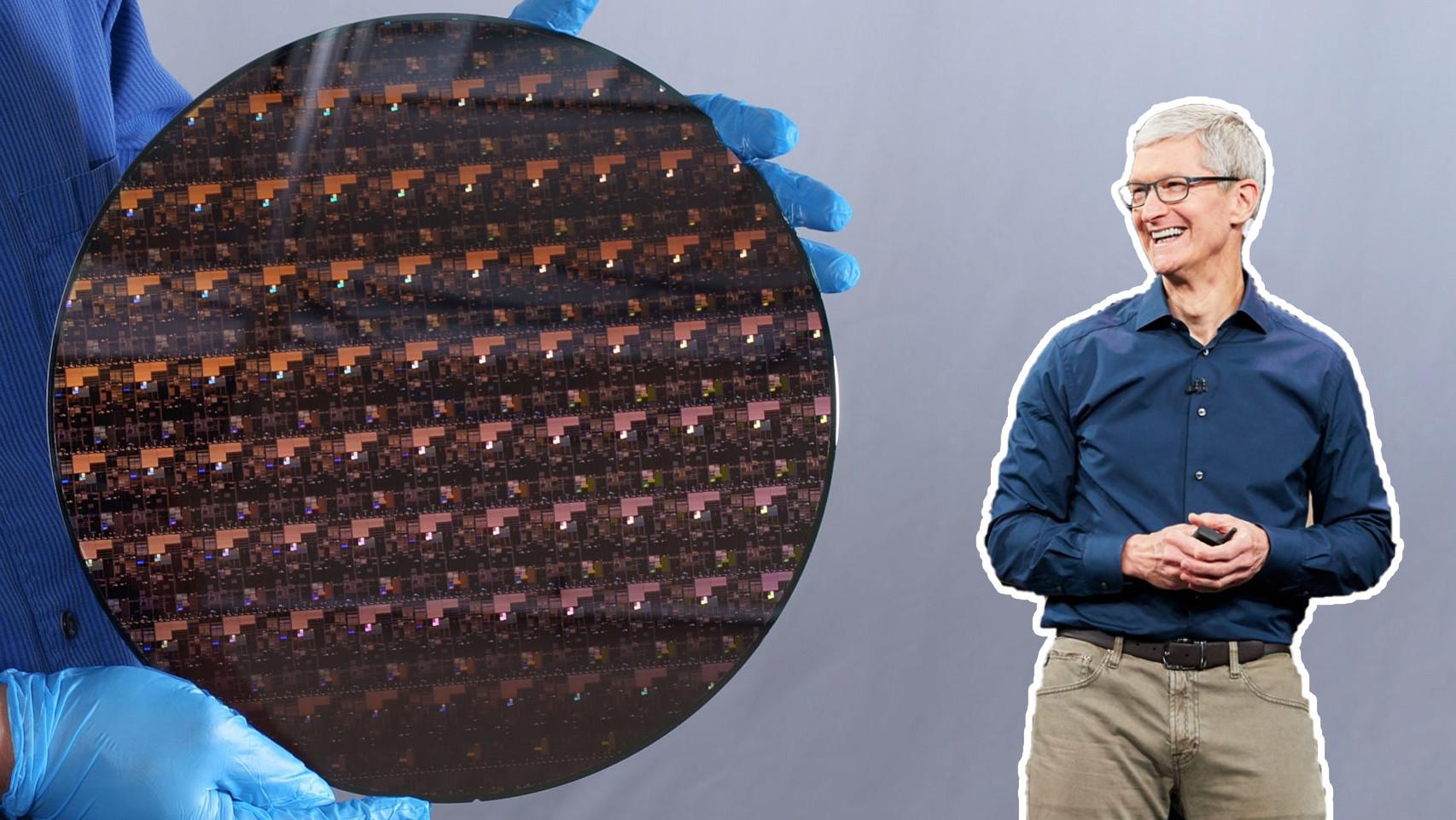 Fotomontaje con una oblea de procesadores y Tim Cook.