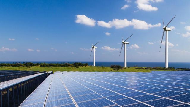 Paneles solares y parque eólico.
