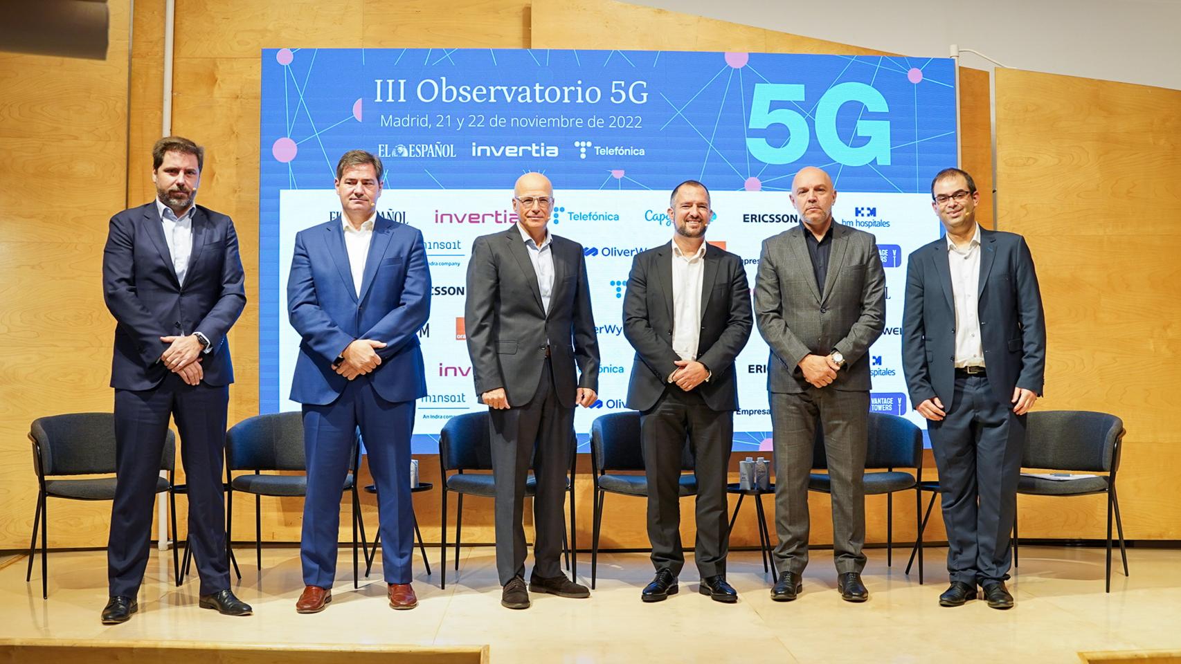 Joaquín Mata, director de Red, Operaciones y Sistemas de Telefónica España, Ignacio Gallego, presidente de Nokia España, Andrés Vicente, CEO de Ericsson, Luis Manuel Díaz de Terán, vicepresidente y director de la División de Telecomunicaciones de Capgemini Engineering e Íñigo Polo, director de Administraciones Públicas de Orange