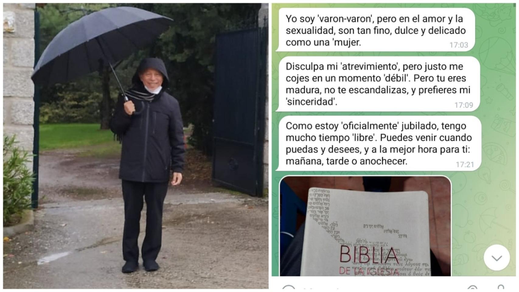 El padre Óscar junto a uno de los mensajes que supuestamente le envió a la mujer que le ha denunciado por abusos sexuales.