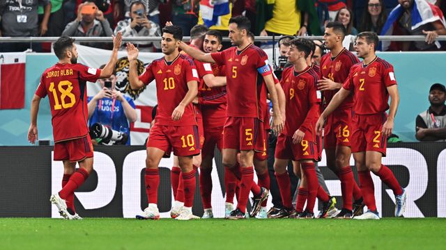 Los futbolistas de España hacen piña celebrando uno de los goles.