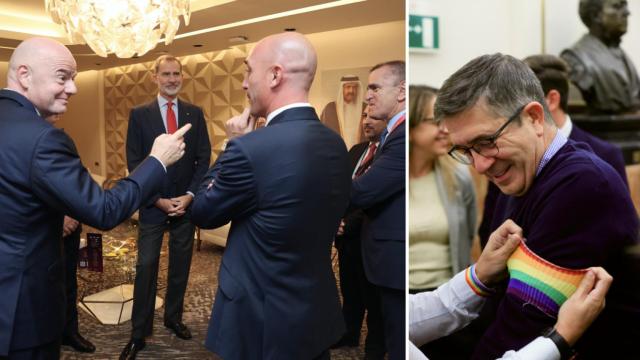A la izquierda, el Rey, este miércoles en Qatar, con Infantino, Rubiales y Franco. A la derecha, Patxi López en el Congreso.