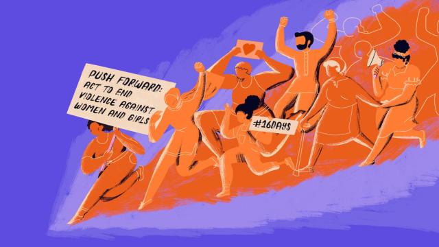 Cartel de la campaña de ONU Mujeres que reza: 'Sigamos luchando, actúa para acabar la violencia contra las mujeres y las niñas'.