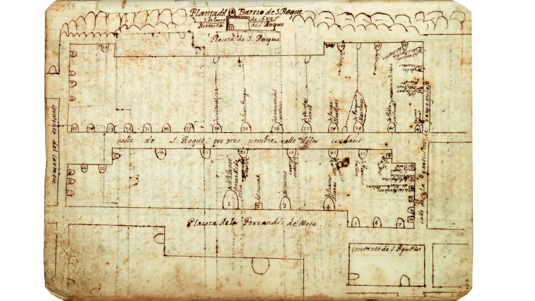 Este callejero del barrio de San Roque en 1689 es uno de los más antiguos de la ciudad.