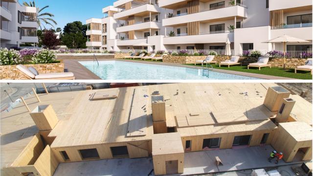 Composición con el proyecto en plano arriba y con la construcción en estos momentos, abajo.