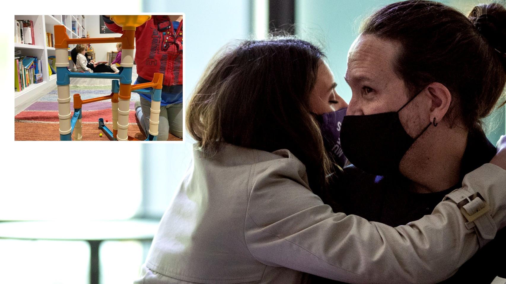 Pablo Iglesias e Irene Montero junto a la foto de sus hijos en un montaje de El Español.
