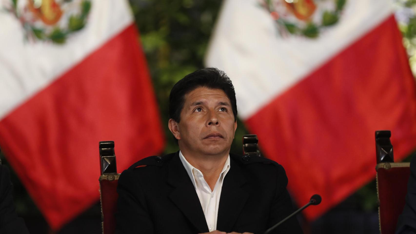 Pedro Castillo, durante una rueda de prensa con corresponsales internacionales en Lima (Perú).