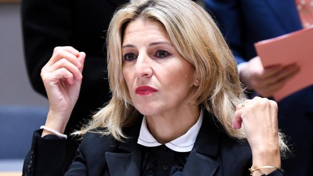 La vicepresidenta segunda y ministra de Trabajo, Yolanda Díaz, durante la reunión de este jueves en Bruselas
