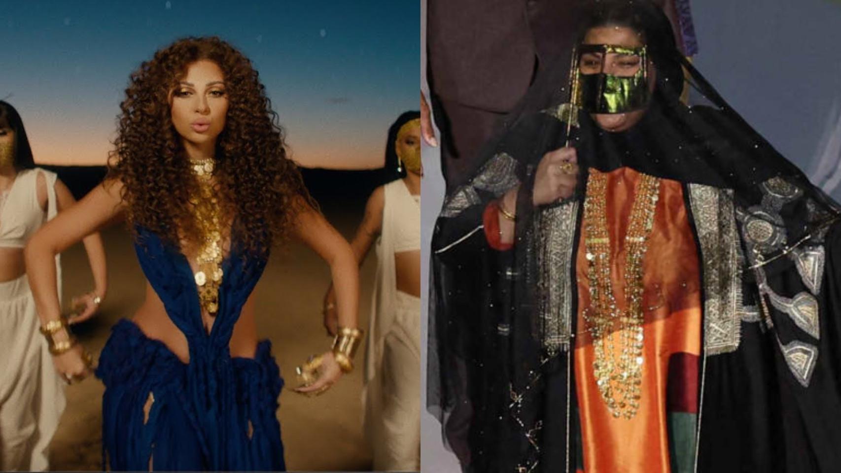 A la izquierda, la cantante libanesa Myriam Fares en el videoclip de 'Tukoh Taka', y a la derecha la artista qatarí Dana Al Fardan en la inauguración del Mundial.