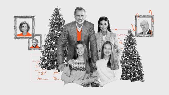 La Familia Real y, en los cuadros, imágenes de la reina Emérita Sofía, de su hermana, Irene de Grecia, y del rey Emérito Juan Carlos I.