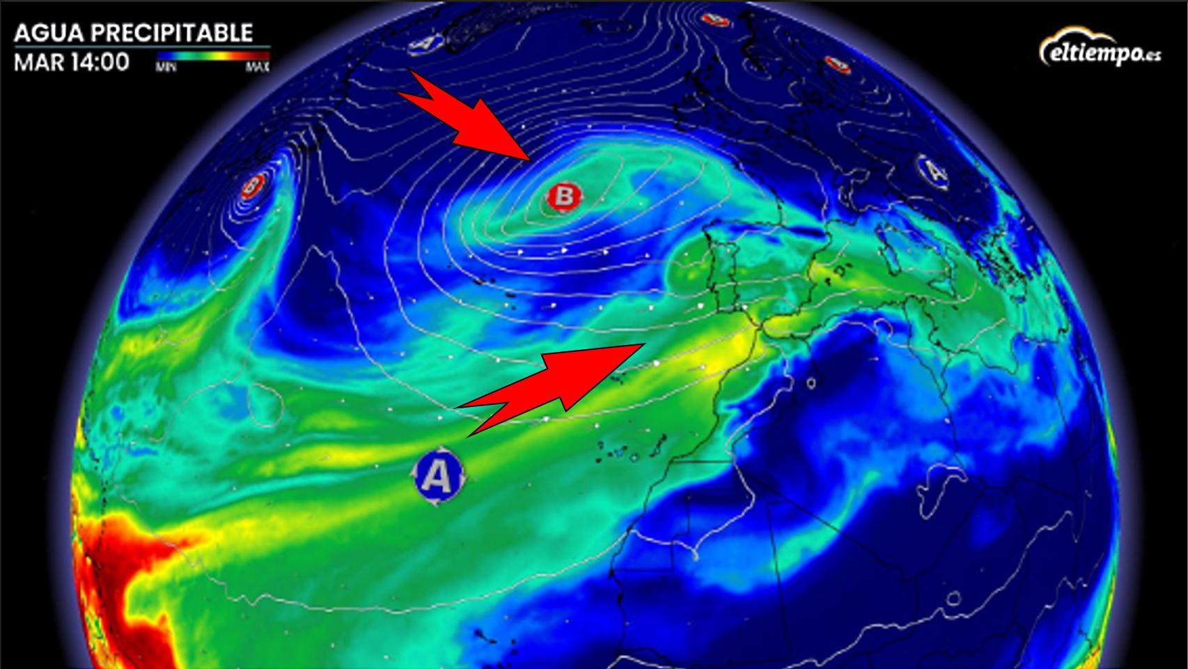 El río atmosférico procedente del Caribe y Sudamérica, y la borrasca Efraín más al norte.