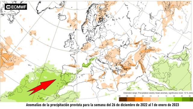 Las anomalías de precipitaciones previstas para la semana de Navidad.