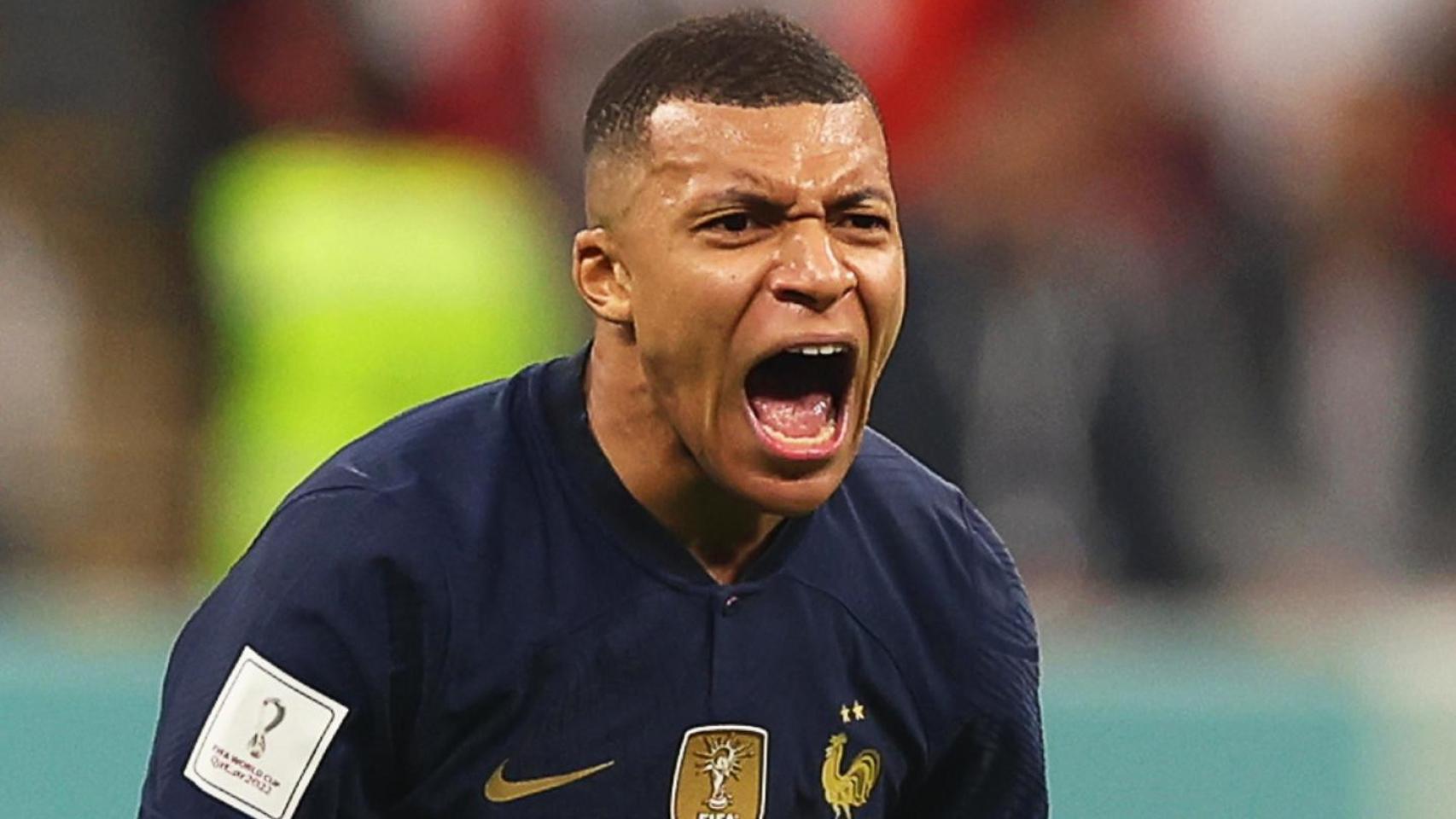 Kylian Mbappé, gritando en la semifinal entre Francia y Marruecos del Mundial de Qatar 2022