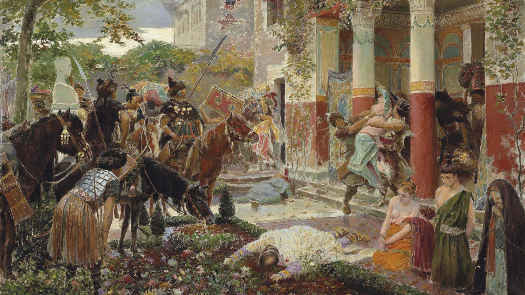 Recreación de una villa romana saqueada por las hordas de Atila. Un lienzo de Georges-Antoine Rochegrosse.
