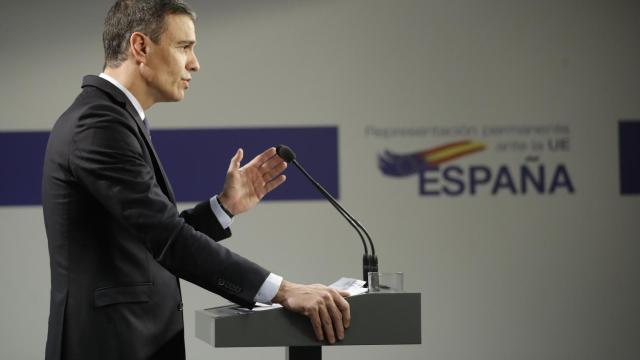 Pedro Sánchez, durante una rueda de prensa en Bruselas, Bélgica.