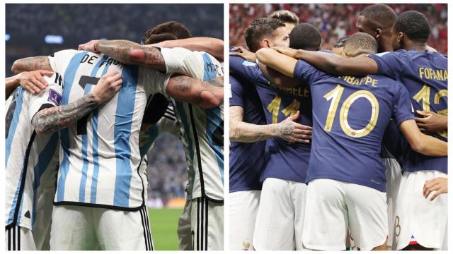 Jugadores de Argentina y Francia, celebrando un gol durante el Mundial de Qatar 2022