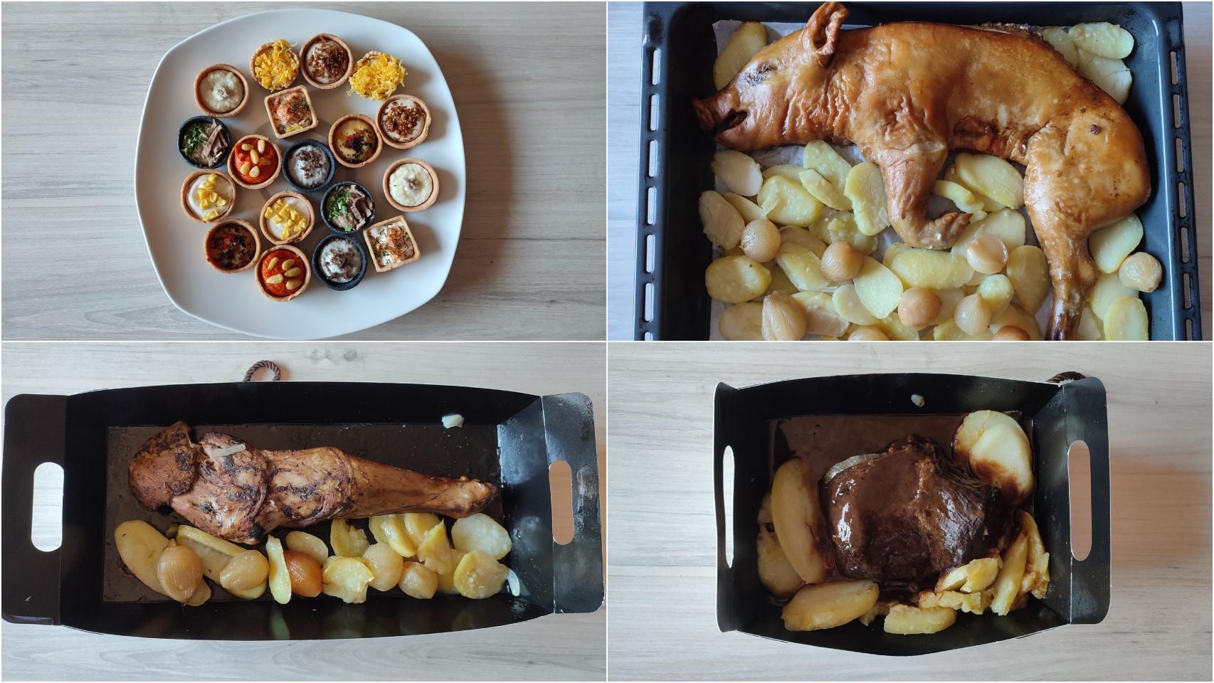 De izquierda a derecha y de arriba a abajo: surtido de canapés, medio cochinillo asado, paletilla de lechal y carrillada guisada del menú navideño de Mercadona.