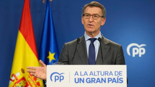 Alberto Núñez-Feijóo, líder del PP, en su comparecencia de este martes en Génova.