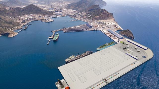 Una recreación de cómo quedará integrada en el puerto de Cartagena la futura Barlomar, la terminal polivalente.