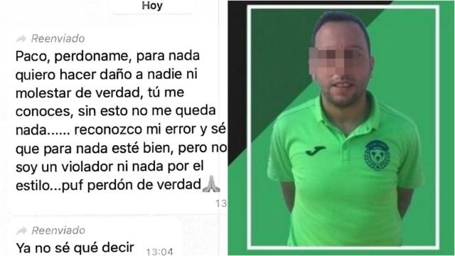 Miguel, el entrenador del EDMF Churra detenido por la Policía Nacional por supuestas agresiones sexuales a menores, junto a un mensaje de WhatsApp que envió al club tras ser destituido.