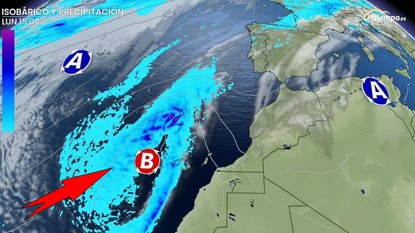 Borrasca y precipitaciones sobre Canarias el 26 de diciembre. Eltiempo.es