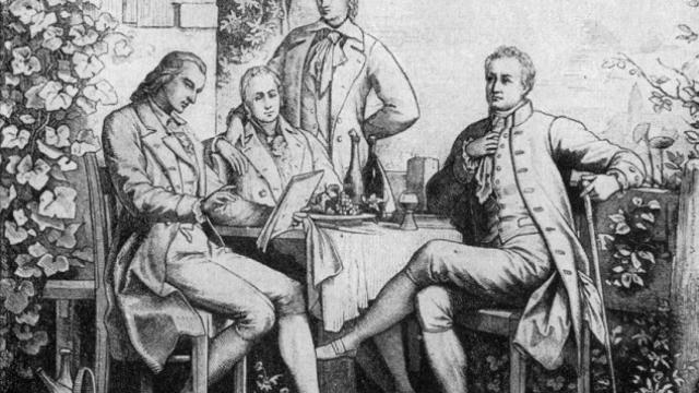 Reunión en Jena, hacia 1793. Desde la izquierda: F. Schiller, Wilhelm y Alexander von Humboldt y J. W. von Goethe.