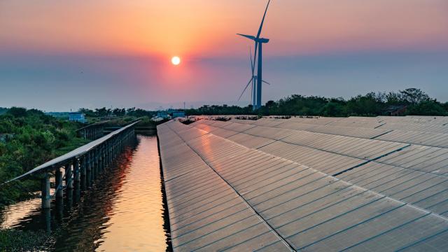 Placas solares flotentes y aerogeneradores