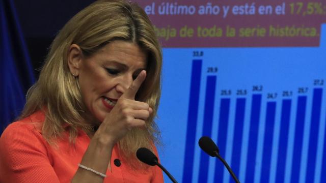 Yolanda Díaz, vicepresidenta segunda y ministra de Trabajo, durante el balance del primer año de la reforma laboral.