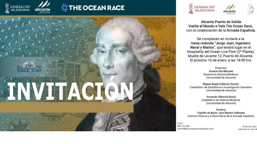 Invitación para el acto homenaje a Jorge Juan del 10 de enero en Alicante.