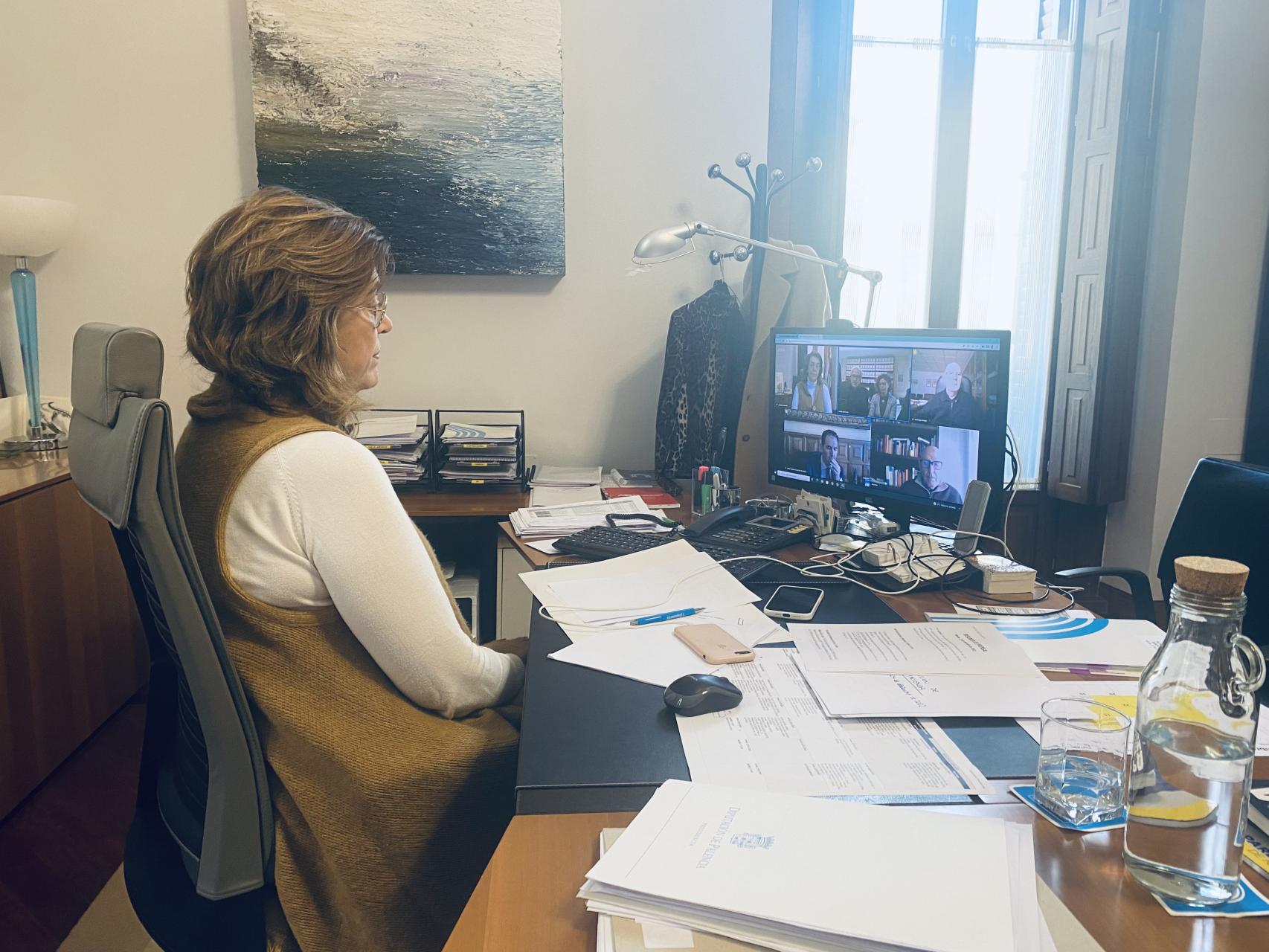 La presidenta de la Diputación de Palencia, Ángeles Armisén, durante la reunión telemática con el Patronato de la ONG Hombres Nuevos.