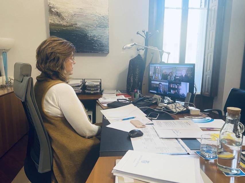 La presidenta de la Diputación de Palencia, Ángeles Armisén, durante la reunión telemática con el Patronato de la ONG Hombres Nuevos.