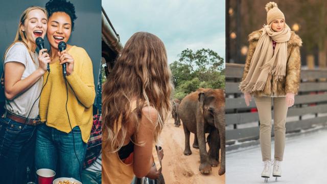 De izq. a dcha.: mujeres en el karaoke, safari y patinando sobre hielo.