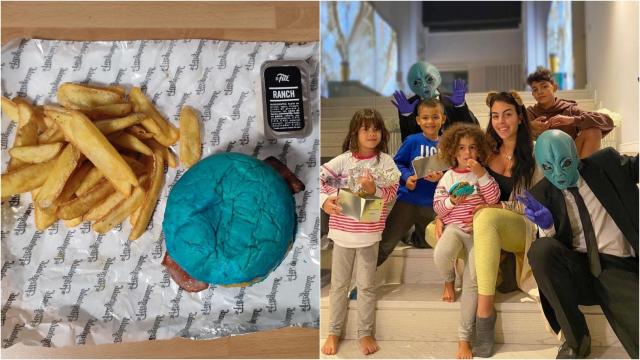 A la izquierda, la hamburguesa de Rauw Alejandro. A la derecha, una foto promocional del cantante con el producto.