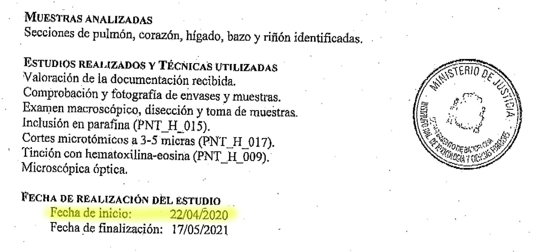 El examen histopatológico establece que el estudio del corazón de Saimir dio comienzo dos semanas antes de su muerte.