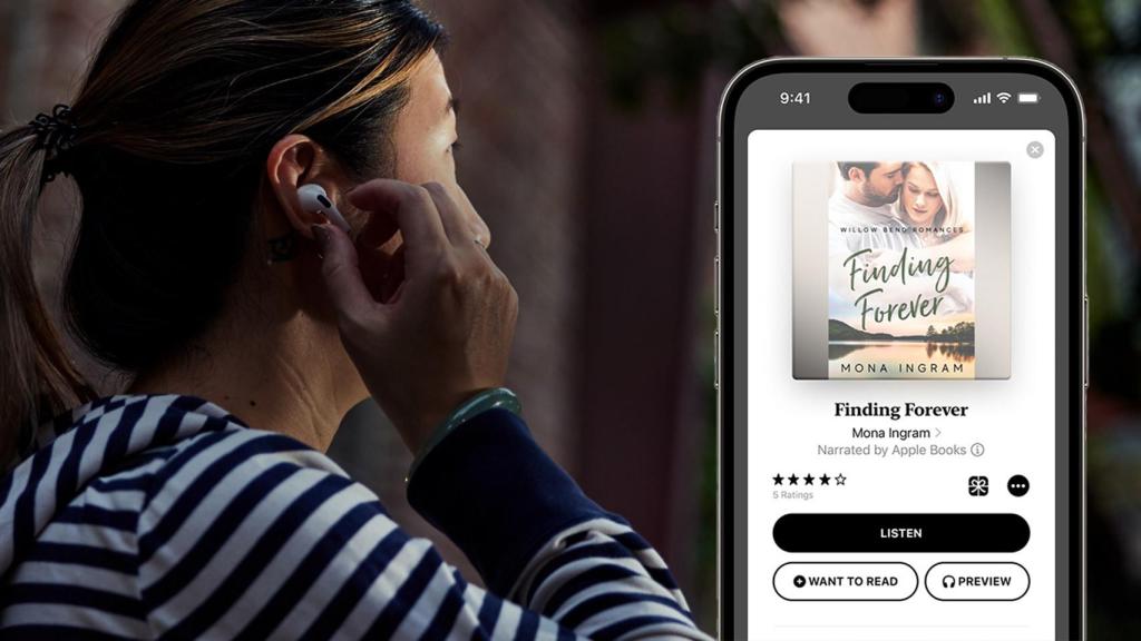 Persona usando unos AirPods escuchando un audiolibro.