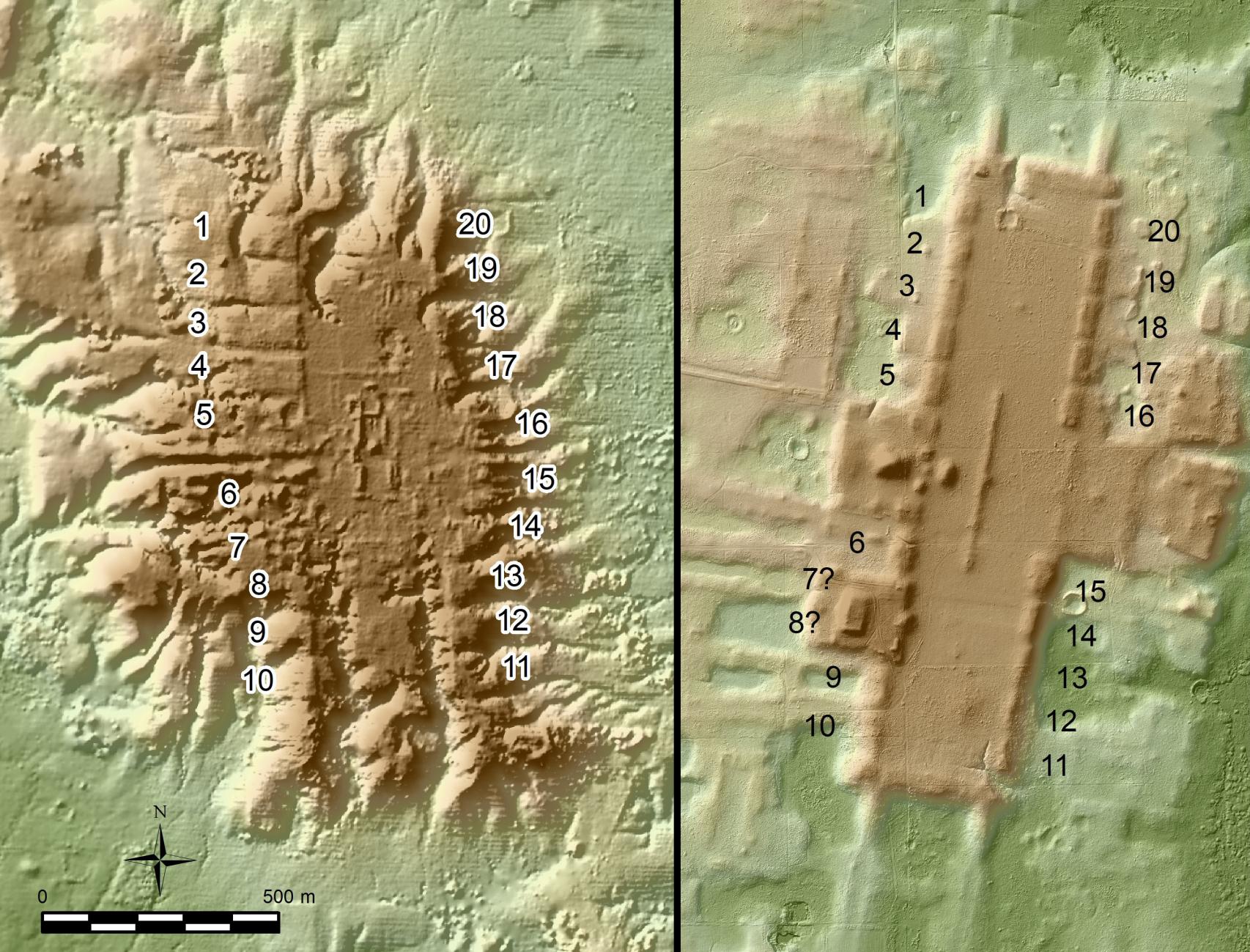 Imagen LiDAR de San Lorenzo (izquierda) y Aguada Fénix (derecha). Ambos presentan una plaza rectangular y 20 plataformas en el borde.
